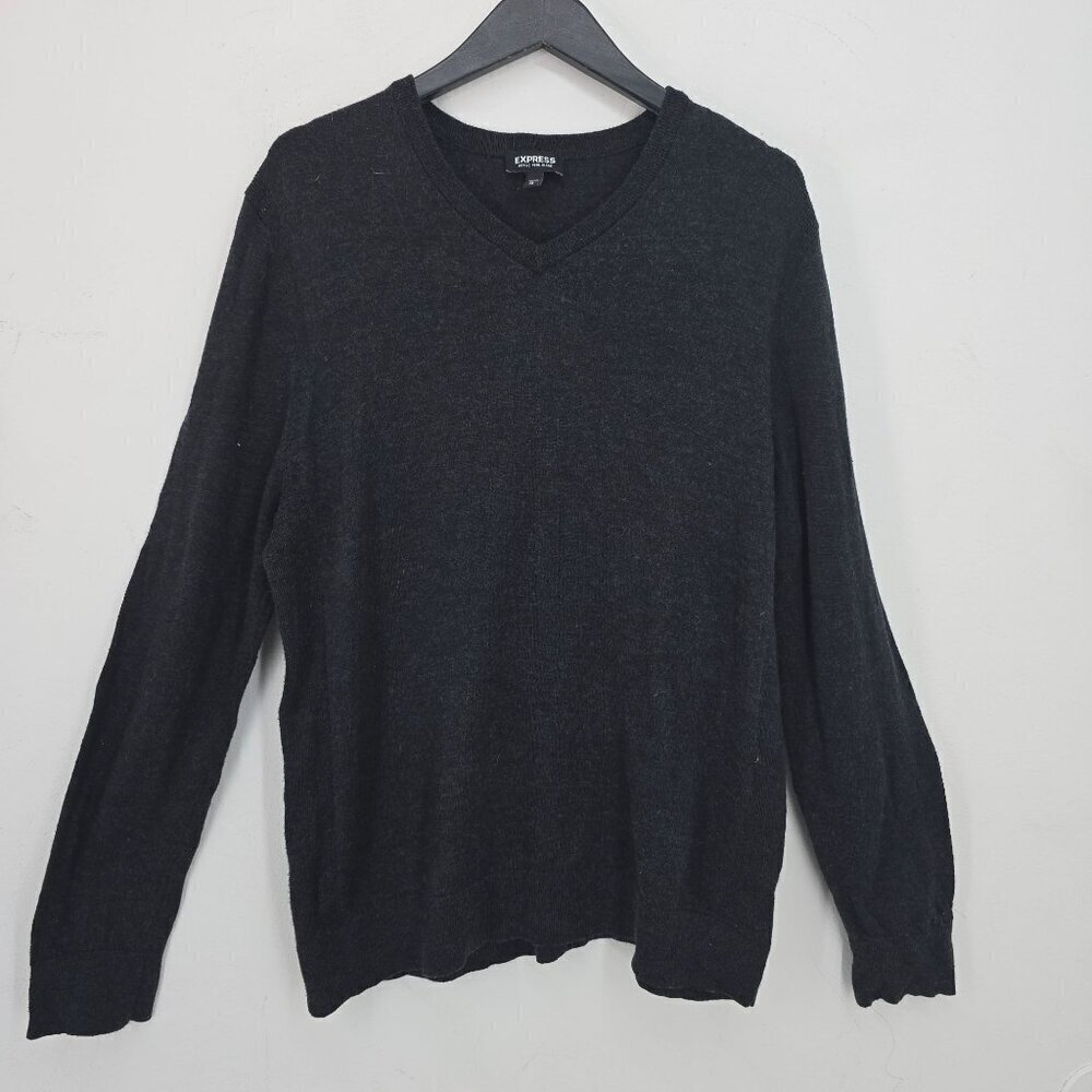 Express Charcoal Gray Black V Neck Merino Wool Blend PUllover Sweater Size XL